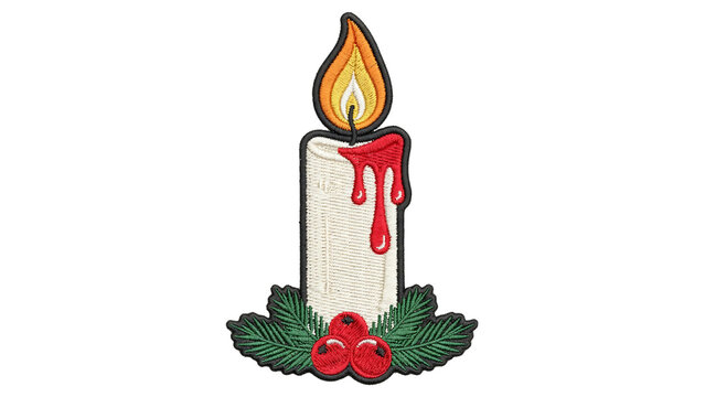Embroidered christmas candle patch with burning flame red wax drips and pine holly base isolated on a plain white background decor
