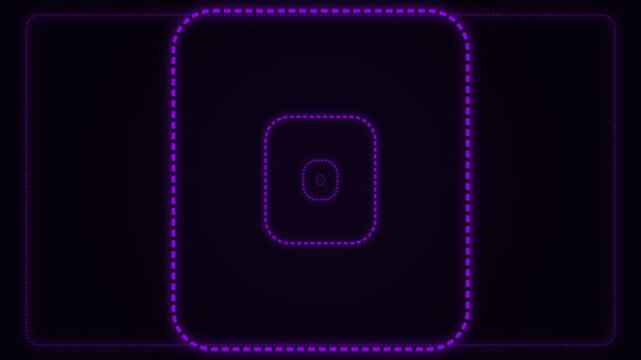 Neon purple abstract tunnel with glowing dotted rounded rectangles in a dark futuristic cyberspace digital background