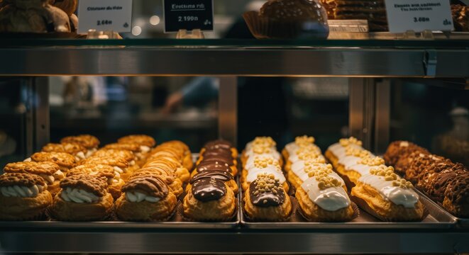 Golden pastries and baked goods displayed warmly inside a cozy bakery case with soft lighting