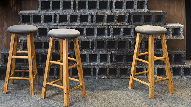 Three wooden bar stools with grey padded seats standing in front of a rustic stacked concrete cinder block wall in an industrial loft setting.