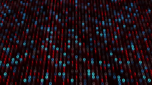 Glowing rows of binary digits form a futuristic computer matrix cyan programming, encryption, data security, software logic, digital processing, coding systems network information.