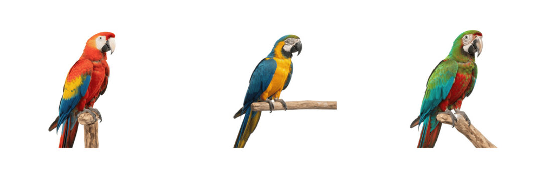 Cute wild macaws collection featuring colorful tropical parrots with vibrant red, blue, and green plumage perched on branches on a pure white isolated background for wildlife design projects