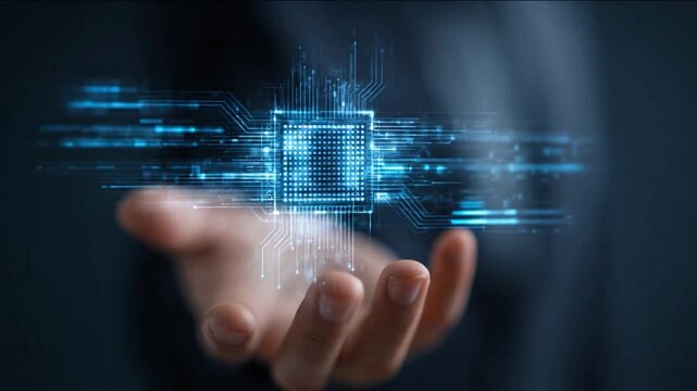 Digital Chip on Hand: A hand holds a glowing digital chip, symbolizing advanced technology and data transfer, with bright blue light trails emanating from it.