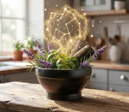 Magical Herbs Glowing With Constellation Light In Kitchen