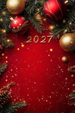 Celebrating 2027 new year christmas with festive ornaments, copy space, vertical