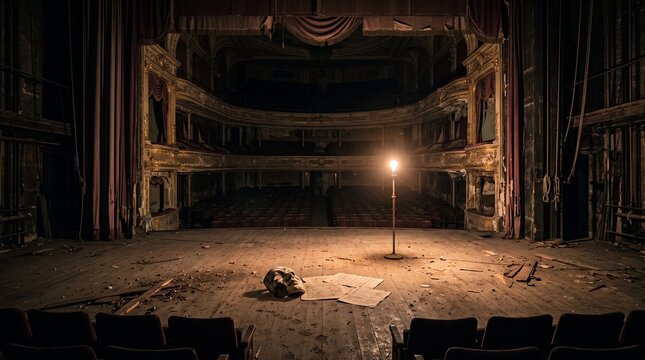 Single ghost light illuminating the stage of an abandoned historic theater