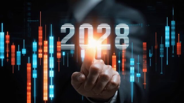 A businessman's finger points towards the glowing year 2028, superimposed over a dynamic stock market chart. ..Created with Generative AI, not depicting real subjects.