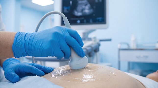 Medical professional in blue gloves applies ultrasound gel on patient's skin during diagnostic imaging examination in clinical setting.