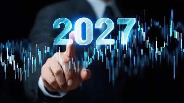 A businessman in a suit points at the year 2027, superimposed over a backdrop of digital stock market charts and graphs. ..Created with Generative AI, not depicting real subjects.