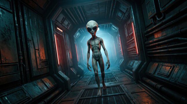 Alien creature walking in a futuristic spaceship corridor