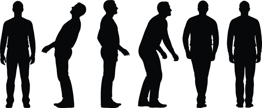 black silhouettes of a man standing in various posture angles