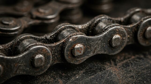 Macro close up of a worn bicycle chain with metal texture and grease