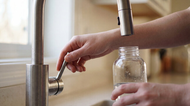 One hand pushes down the lever of a steel kitchen tap while the other holds a glass jar of water, a bright window filling the frame left.