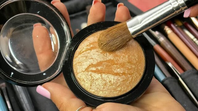 Makeup artist picks up golden highlighter with a cosmetic brush in close up, professional beauty tools, makeup preparation and glowing complexion styling.