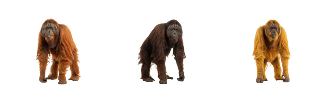 Cute wild orangutans collection featuring great apes with long reddish-brown and dark fur standing on a pure white isolated background for jungle and wildlife design projects