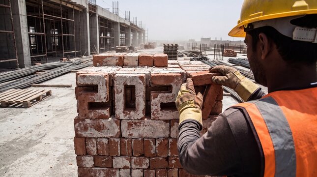 Construction worker in safety gear inspects brick blocks on an active building site with steel reinforcement and incomplete concrete structures in the background.