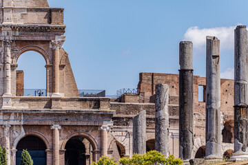 Obraz premium Ancient colomns in the area of Roman Forum in Rome, Italy