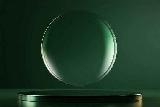 Floating translucent glass disc above dark polished surface in emerald room