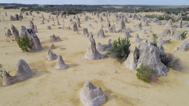 Aerial drone view of the unique limestone pillars - Pinnacles Desert