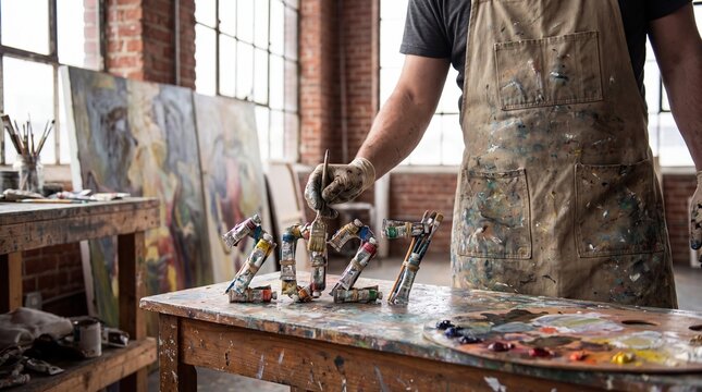 A male artist in a paint-splattered apron arranges colorful tubes of acrylic paint on a wooden studio table, with canvas and brick walls visible in bright natural light.