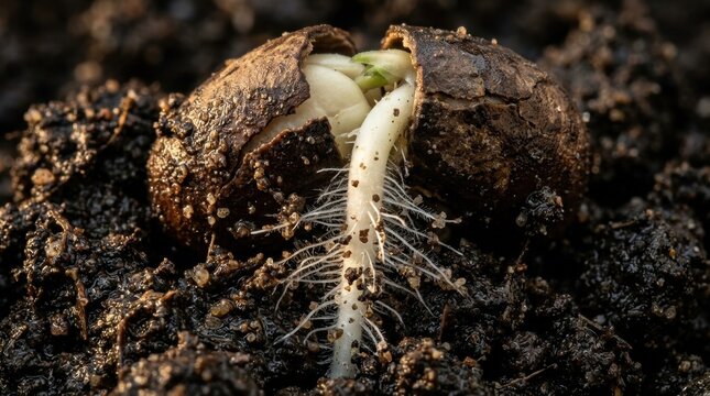Macro close-up of a seed germinating with a white root growing in dark soil