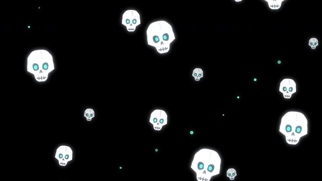 Pixel art skulls floating and fading in dark space, spooky Halloween motion graphic