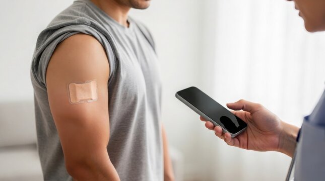 A person shows a bandage on their upper arm after vaccination while another holds a smartphone nearby.