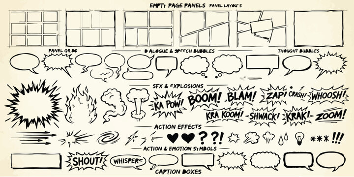 Comprehensive comic page panels and graphic novel sound effect kit with sound effects design kit speech bubbles hand drawn pop art illustration dialogue template narrative creative adventure