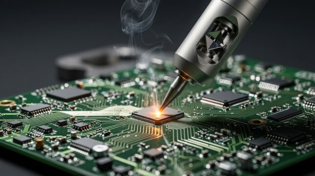 A close-up of a soldering iron applying heat to a microchip on a green printed circuit board with visible smoke.