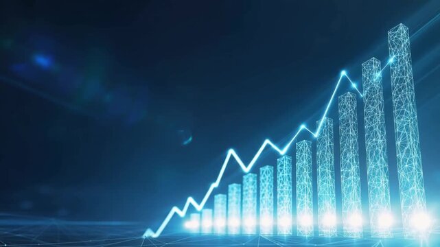 A glowing blue digital graph shows an upward trend of bar chart with a line graph. ..Created with Generative AI, not depicting real subjects.