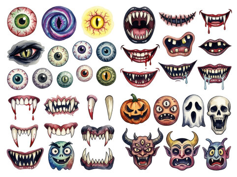 Horror Elements Collection: A vivid compilation of scary and spooky graphic elements, including various monstrous eyes, sharp-toothed mouths, grinning jack-o'-lanterns, ghostly figures.