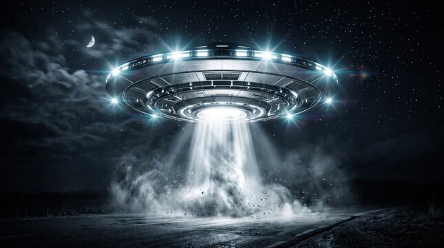 Alien UFO flying saucer hovering over road at night with light beam