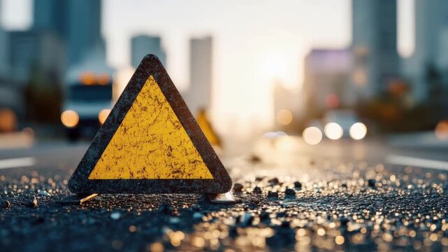 A weathered yellow triangle warning sign rests on a wet asphalt road, with blurry city buildings and vehicles in the background. ..Created with Generative AI, not depicting real subjects.