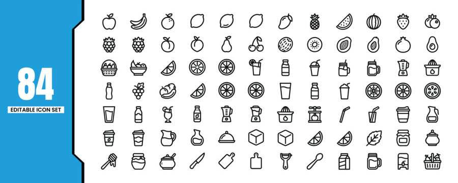 Pack of 84 Outline Symbols for user interface, Editable Line Vector Illustration, Clean Vector Icon Set.