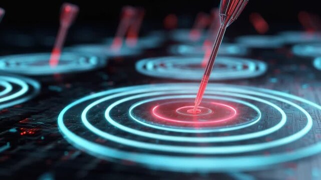 A dart pierces the bullseye of a neon-lit target, symbolizing precision and the achievement of goals in this striking digital illustration. ..Created with Generative AI, not depicting real subjects.
