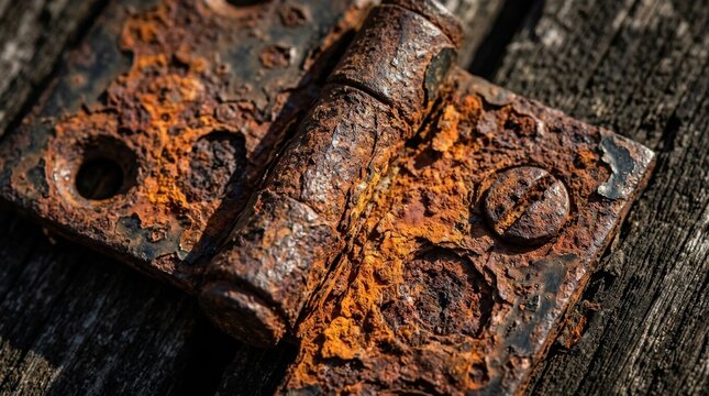 Old rusty metal hinge attached to weathered wooden surface with natural light