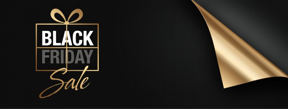 Black Friday sale banner with golden gift box icon and paper curl. Promotional design