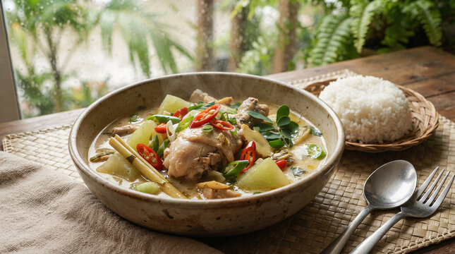  Filipino-style creamy coconut chicken stew with lemongrass, chilies, vegetables, herbs, and steamed white rice served on a rustic tropical dining table.