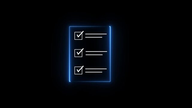 Glowing neon checklist animated outline icon. Checklist line icon animation. document marking, mark icon. document marking, 
