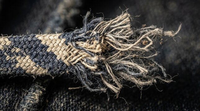 Macro close up of a frayed cotton shoelace showing broken fibers and texture