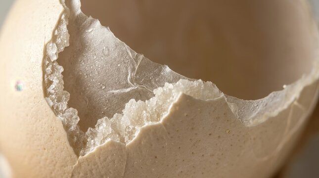 Macro close up of a broken eggshell showing internal membrane texture