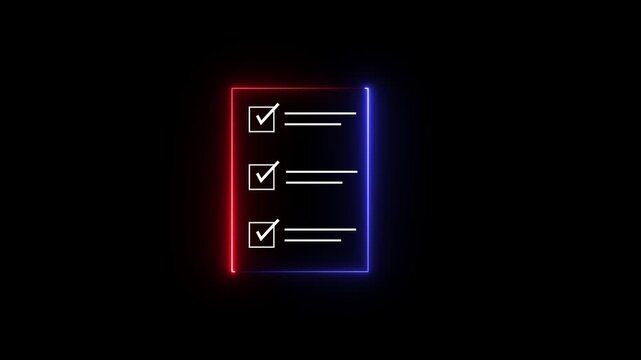 Glowing neon checklist animated outline icon. Checklist line icon animation. document marking, mark icon. document marking, mark icon.
