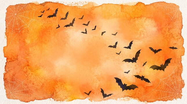 Watercolor style orange background with flying bats for halloween or spooky autumn themed designs and celebrations