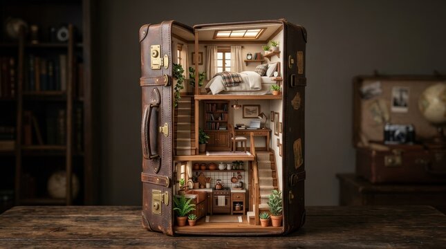 Miniature house interior built inside a vintage leather suitcase on a table