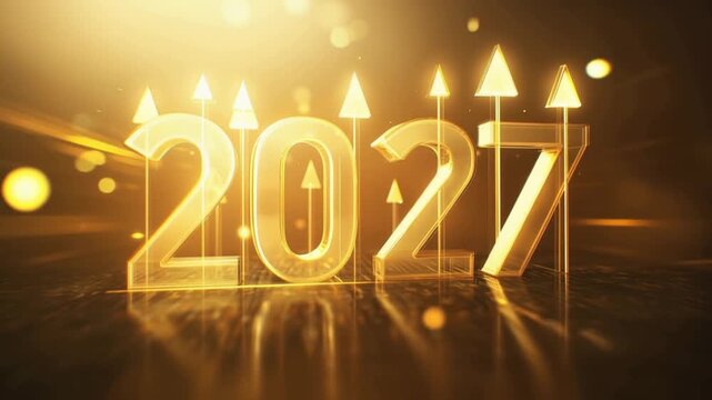 2027 year in golden metallic font with upward arrow on top of each number and sparkling light effects, representing growth and success. ..Created with Generative AI, not depicting real subjects.