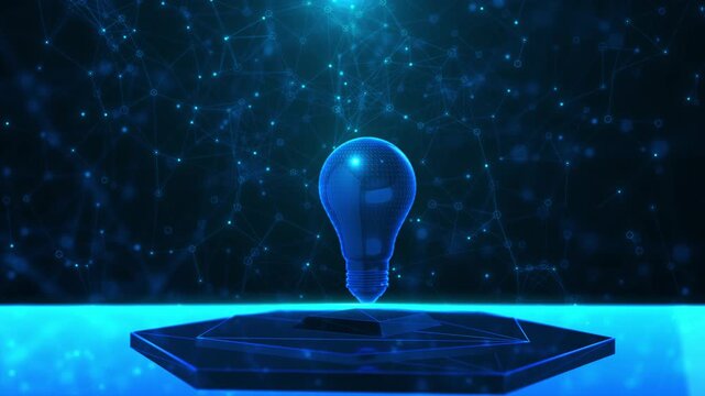 Blue digital bulb shines geometric base technology network, intelligent research, automation, engineering, startup innovation Blue digital bulb shines geometric next generation digital solutions.