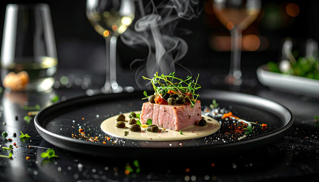 Vitello tonnato with creamy tuna sauce and capers in elegant fine dining style