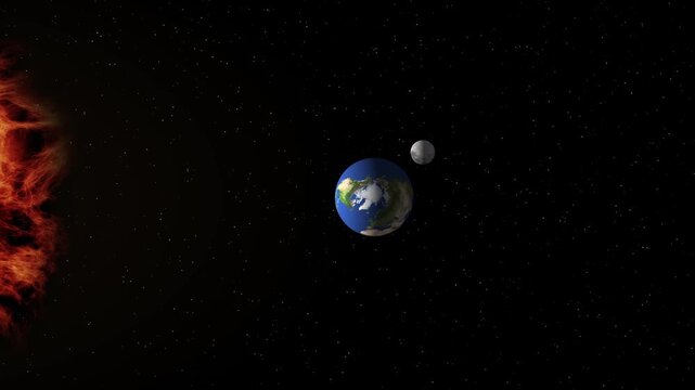 Educational space animation showing moon phases orbiting earth with sun background.