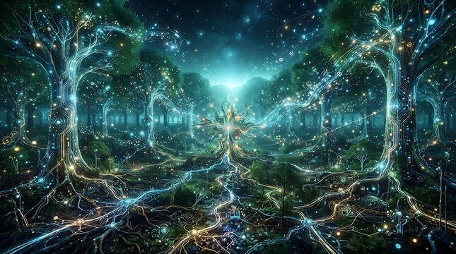 Enchanted forest with glowing bioluminescent trees and digital light roots
