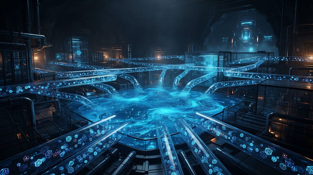 Futuristic industrial complex with glowing blue energy conduits at night